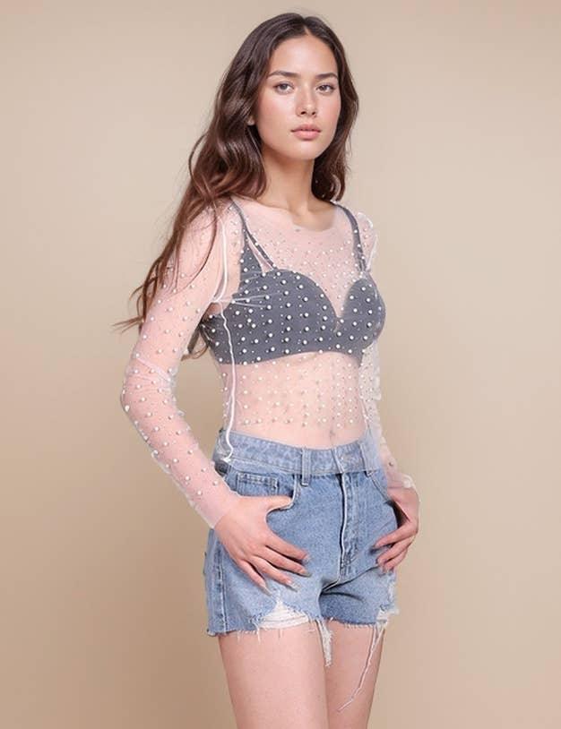 Pearl Rhinestone Studded See Through Mesh Crop Top