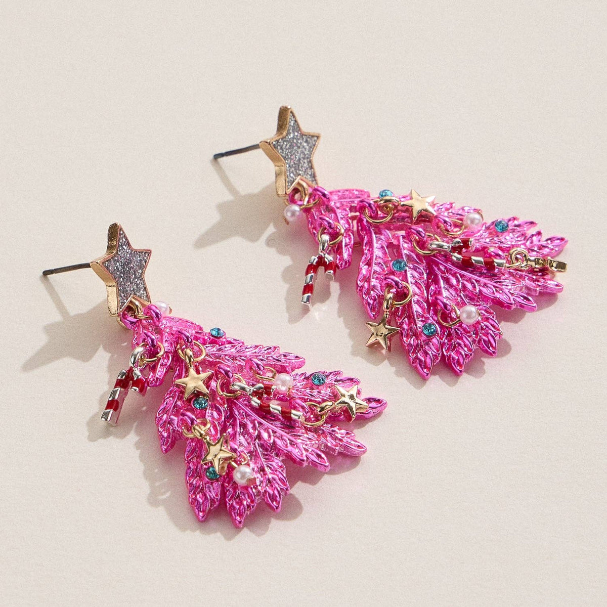 Christmas Tree Charm Dangle Earrings | Faux Pearl Holiday Earrings