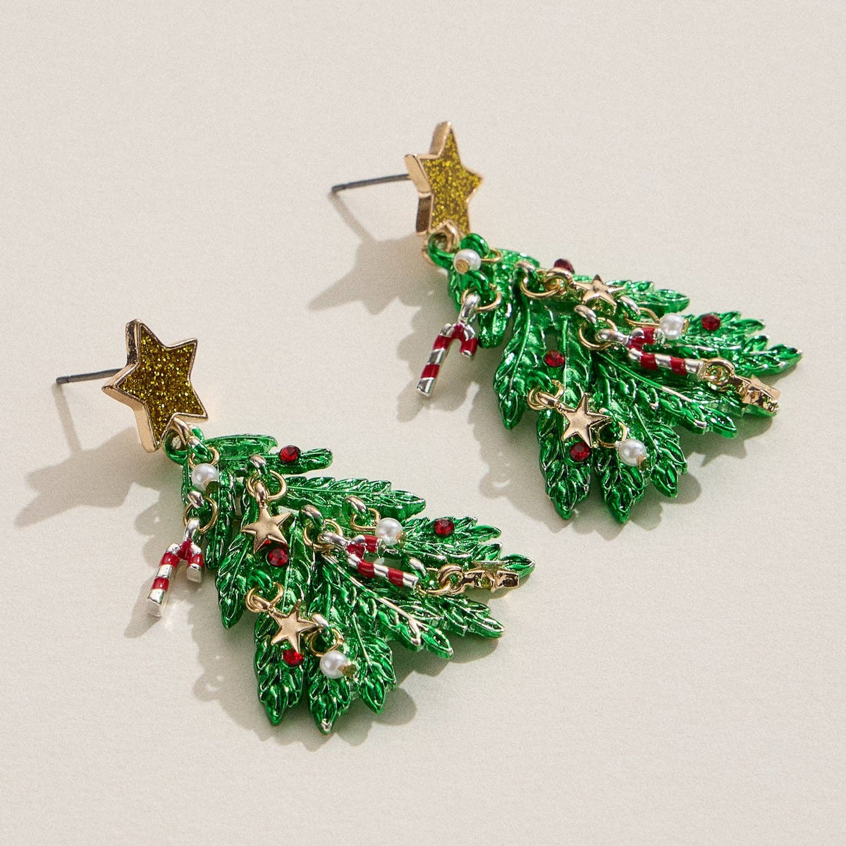Christmas Tree Charm Dangle Earrings | Faux Pearl Holiday Earrings