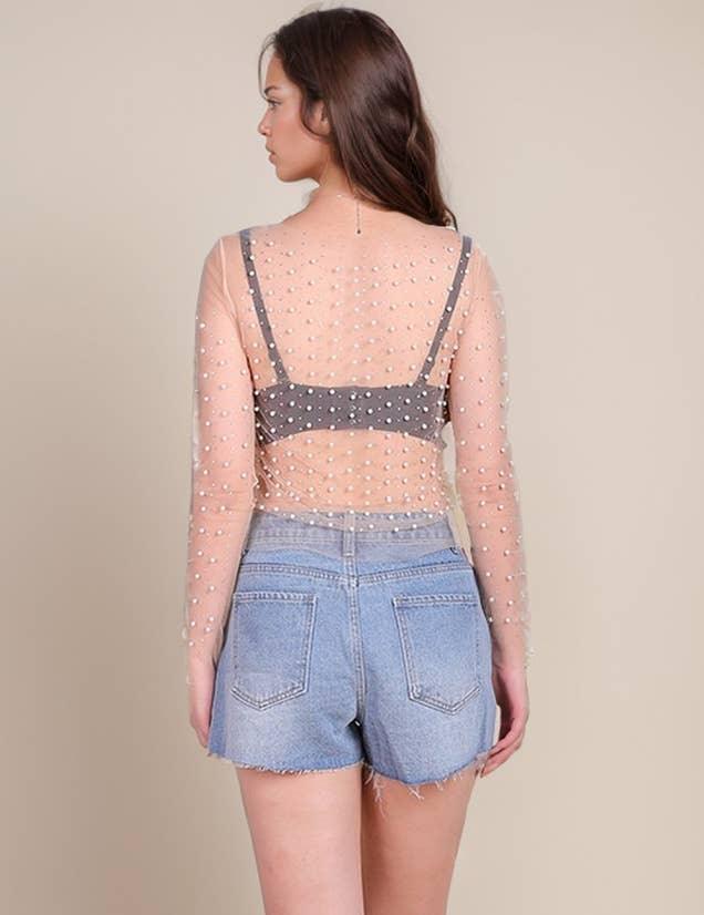 Pearl Rhinestone Studded See Through Mesh Crop Top