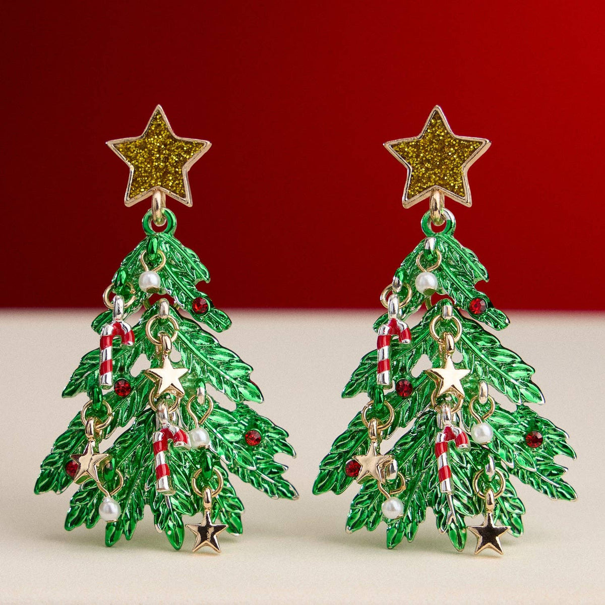 Christmas Tree Charm Dangle Earrings | Faux Pearl Holiday Earrings