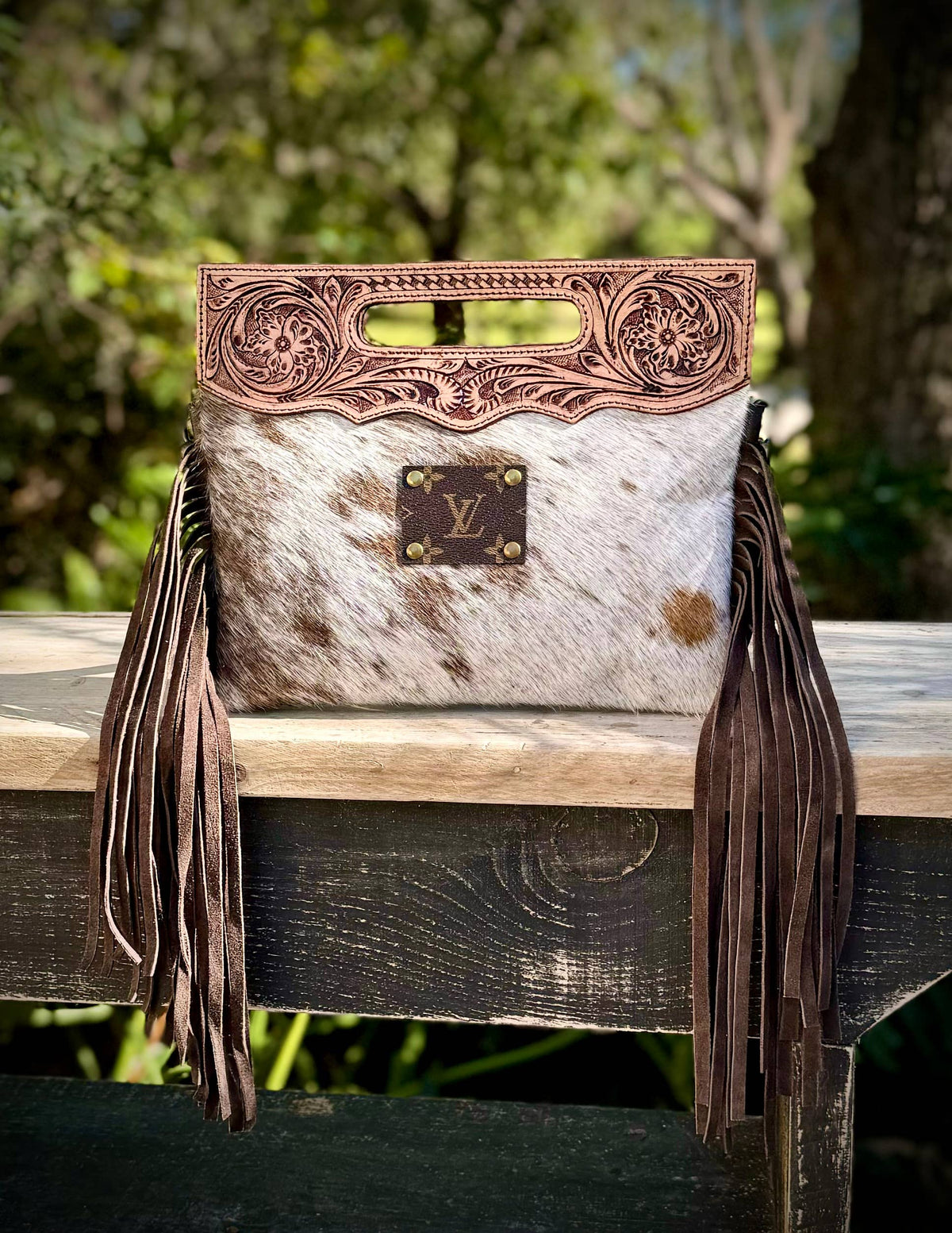 Upcycled LV Cowhide Leather Crossbody Clutch Bag Western