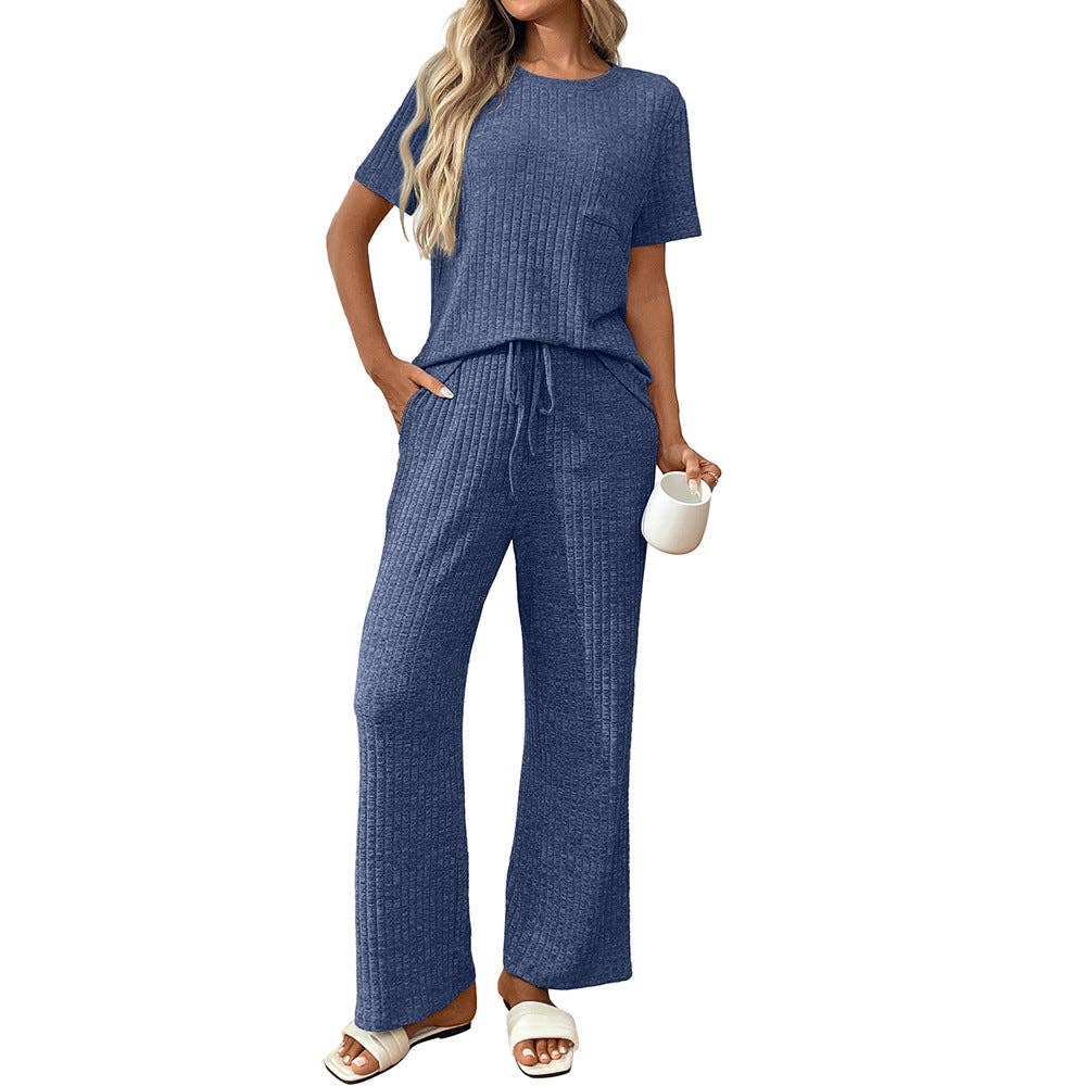 Ribbed Knit Lounge Set with Short Sleeve Top and Pants