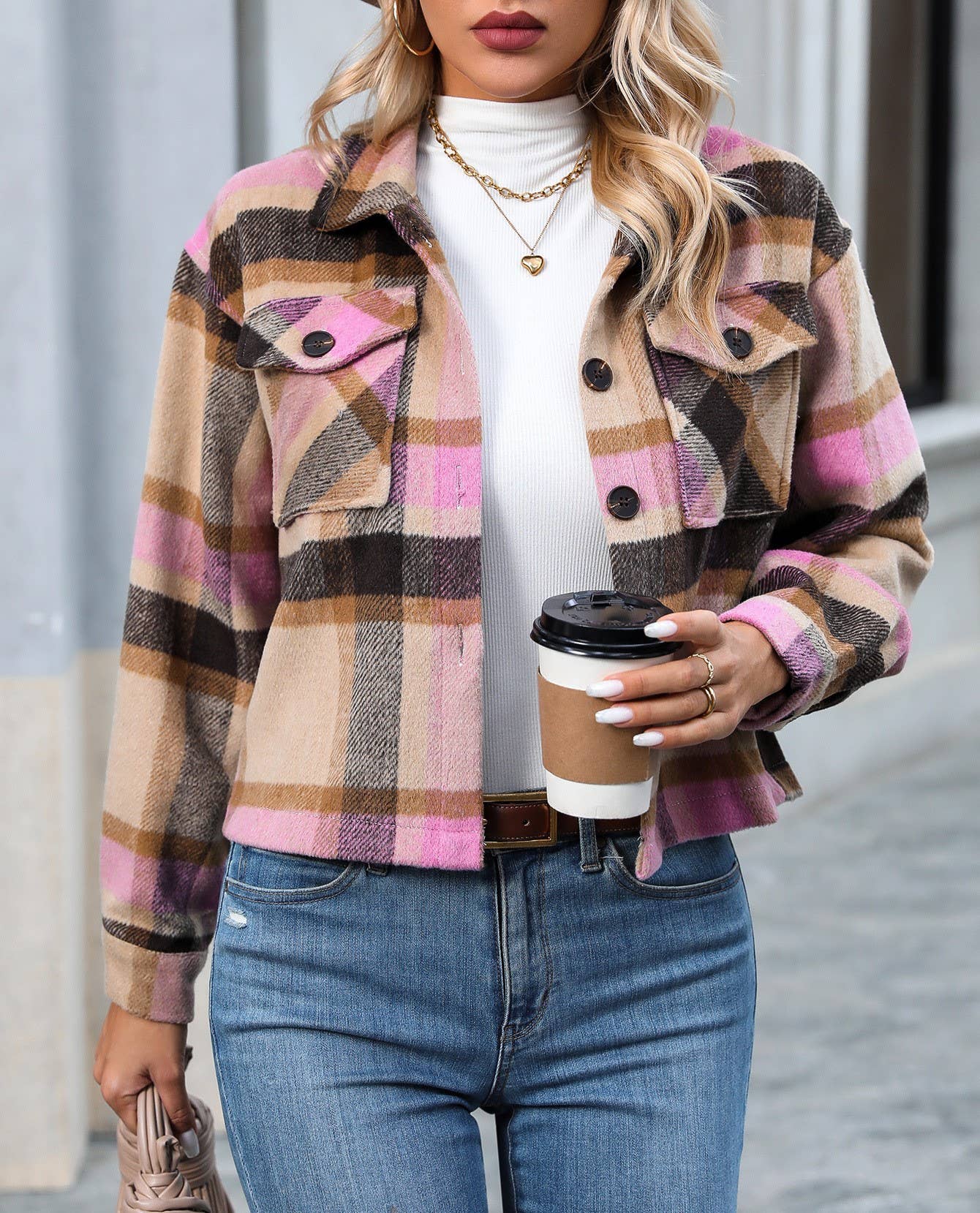 Lapel Check Pockets Tweed Cropped Jacket