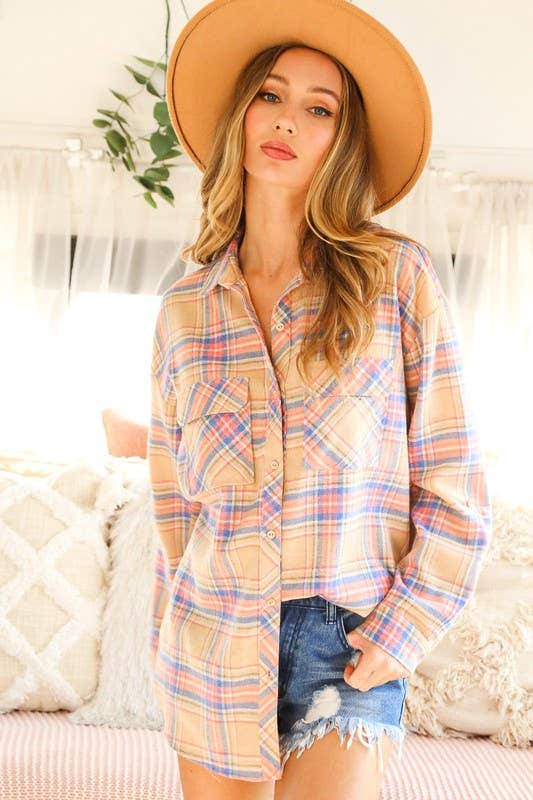Collared Pocket Detail Roll-Up Sleeve Plaid Shirt