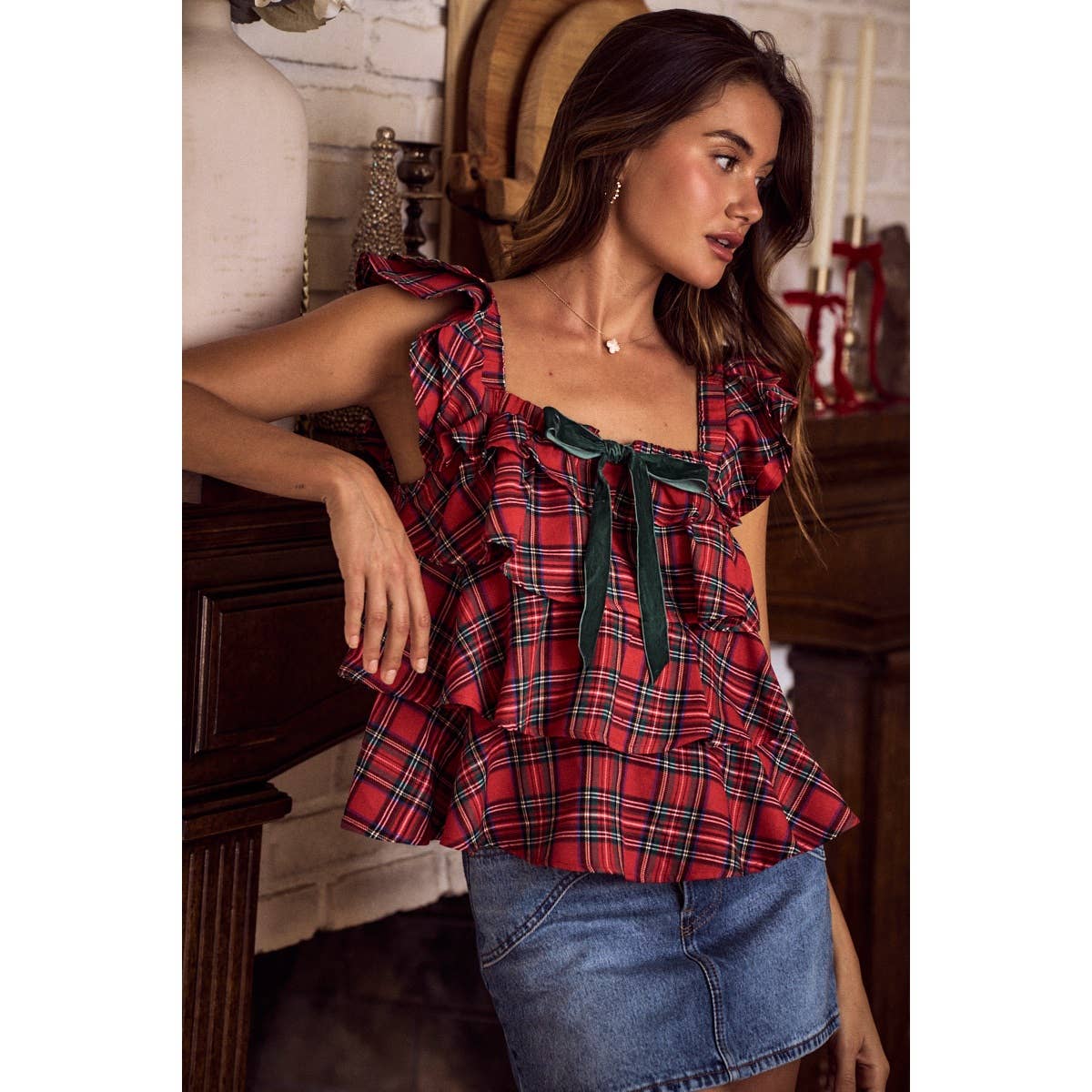 CHECKERED PLAID CHRISTMAS HOLIDAY RUFFLE TOP