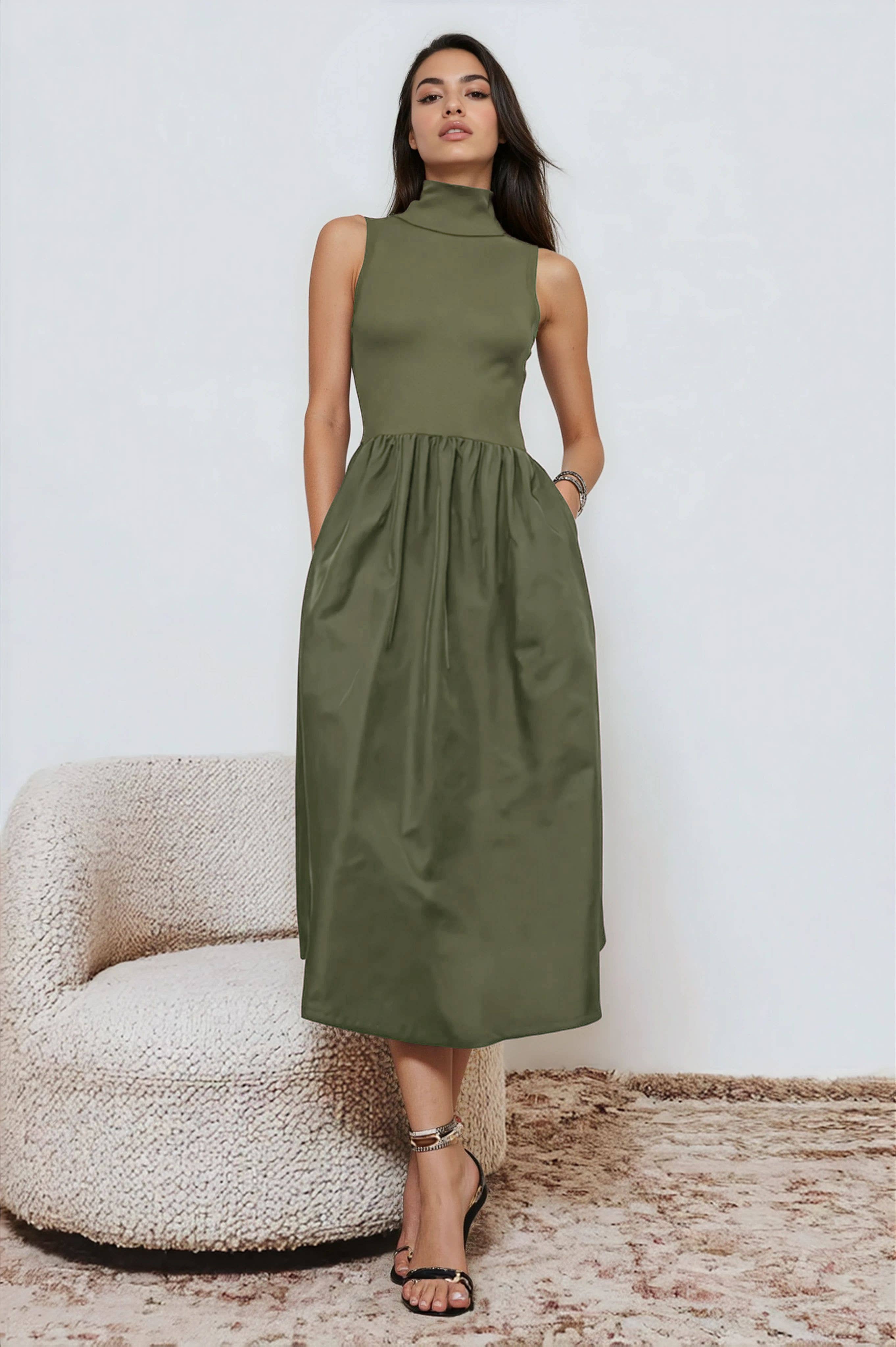 Sleeveless Mock Neck Midi Dress