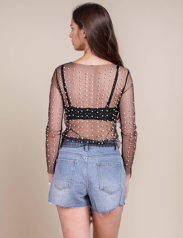 Pearl Rhinestone Studded See Through Mesh Crop Top