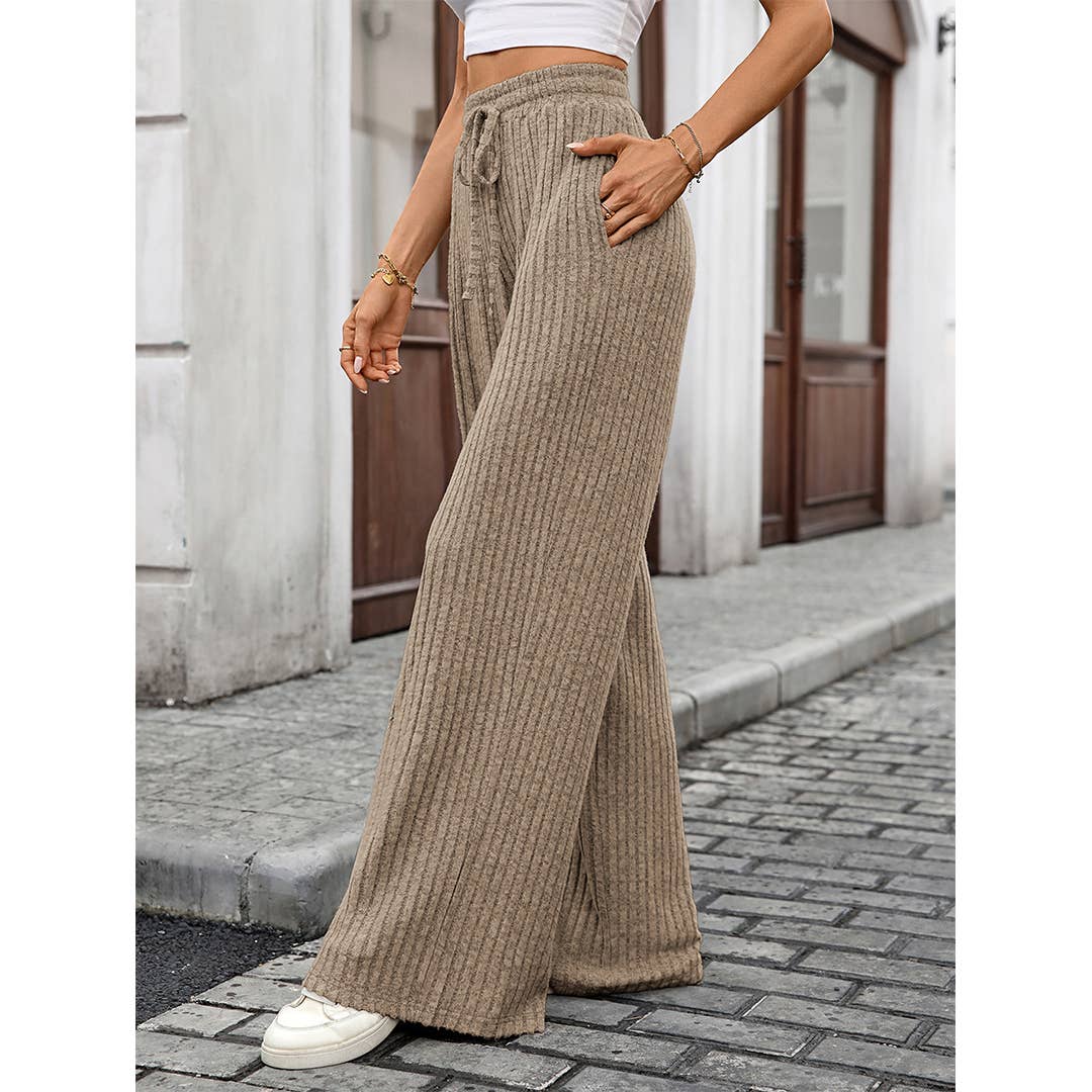 Solid Drawstring Ribbed Brushed Elastic Waist Pants HLL283