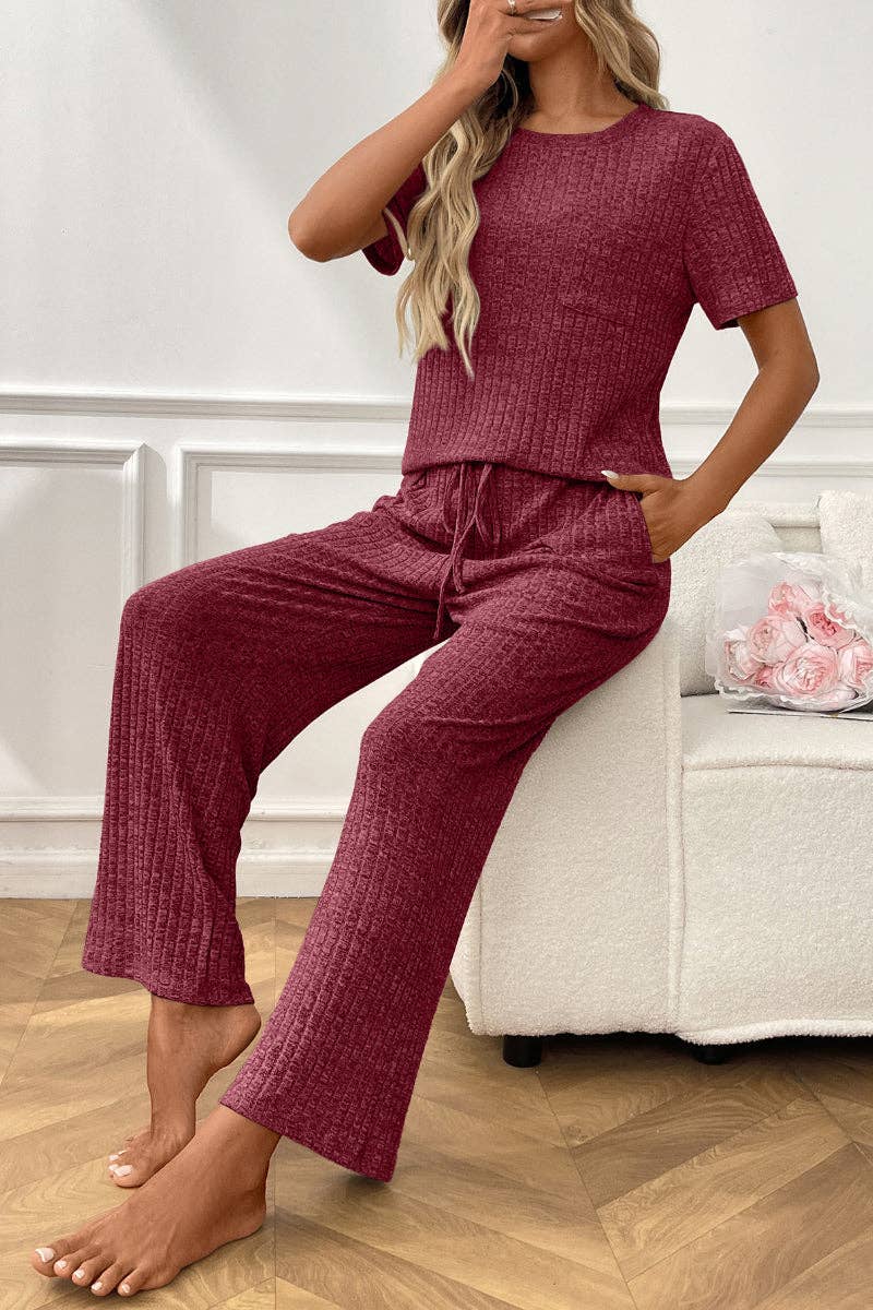 Ribbed Knit Lounge Set with Short Sleeve Top and Pants