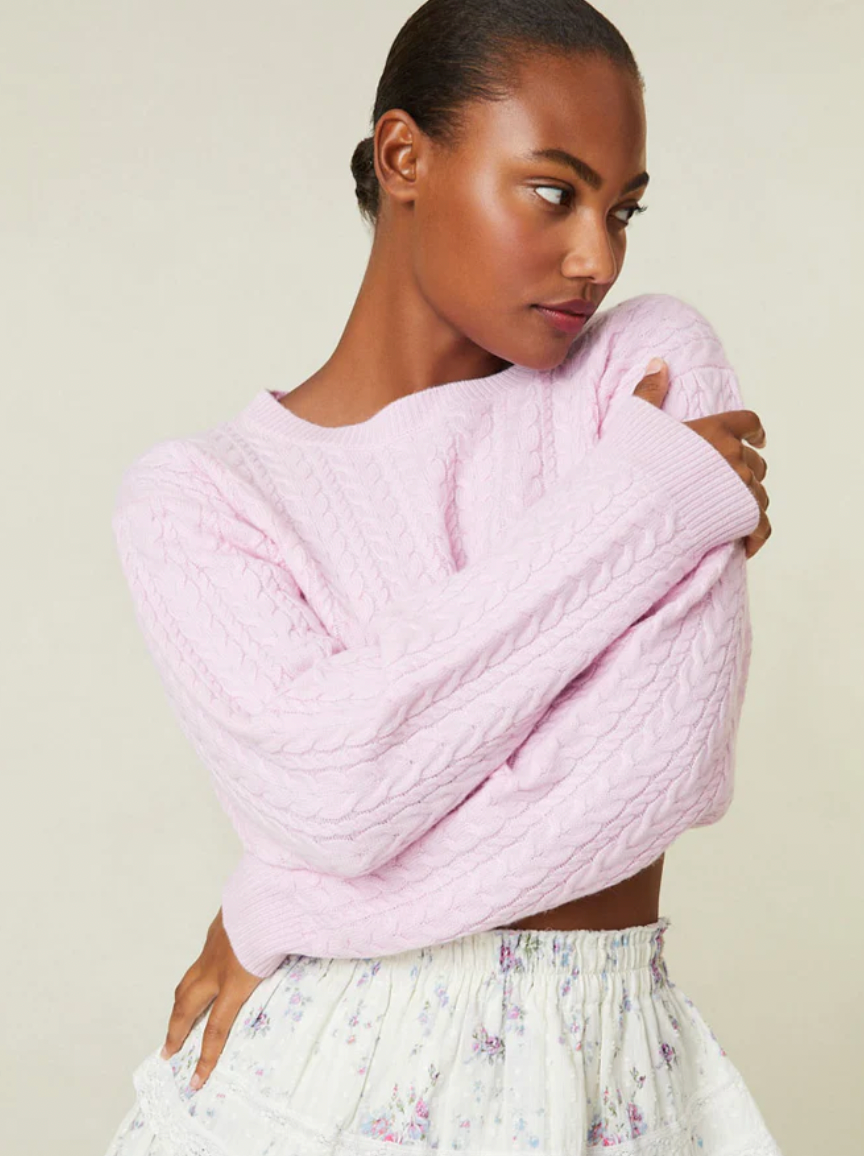 Love Shack Fancy Calloway Cropped Sweater in Pale Rose