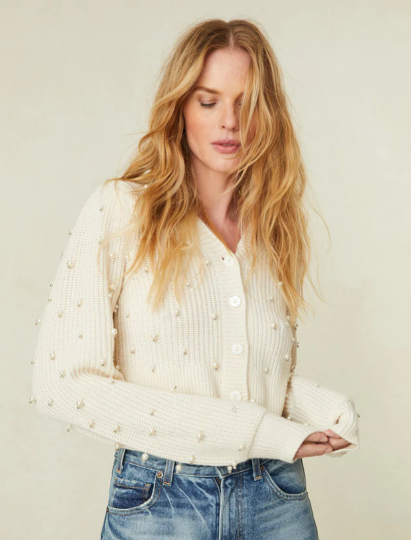 Love Shack Fancy Frances Cropped Cardigan in Antique White