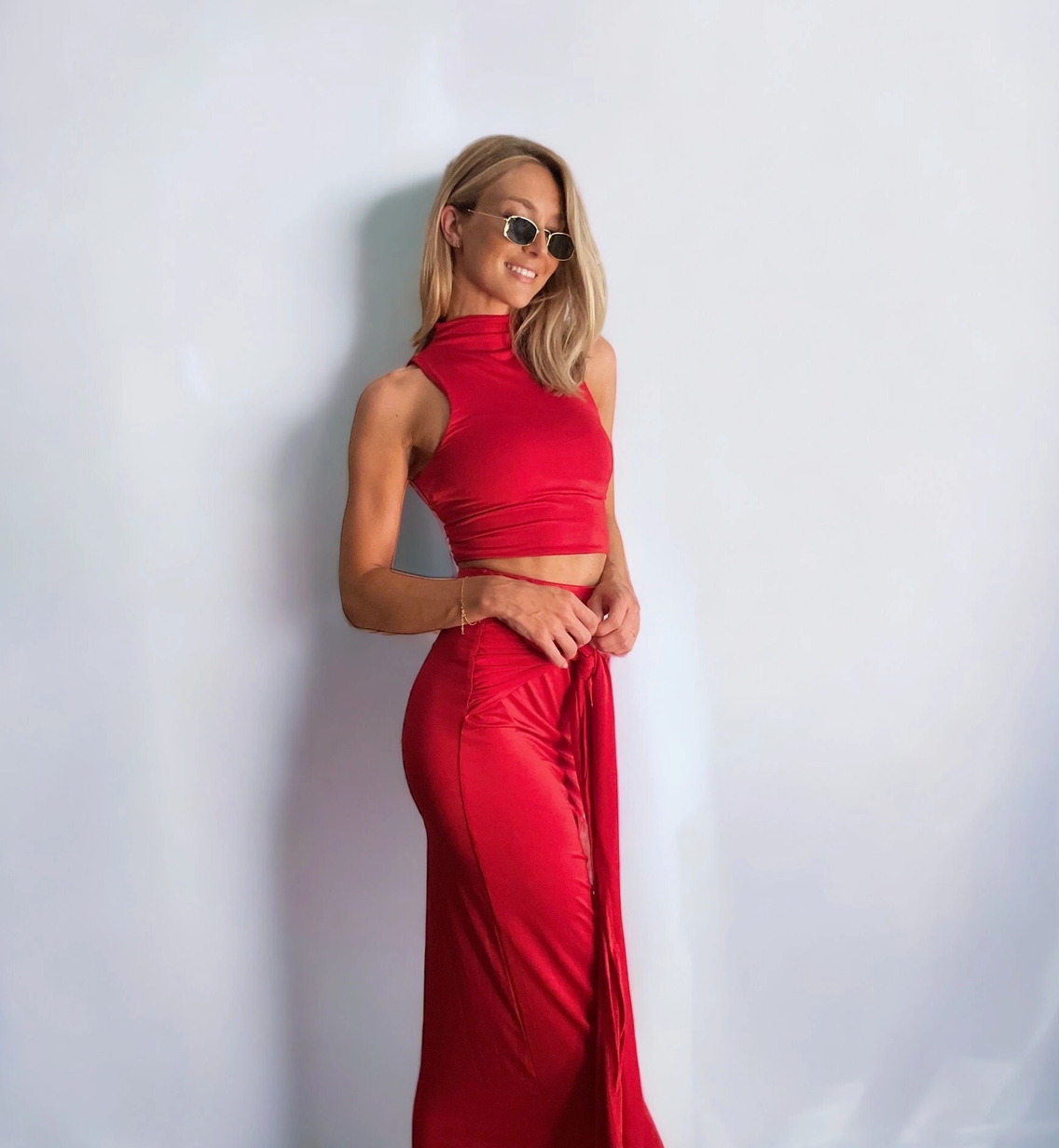 Midi Skirt and High Neck Top Set in Red