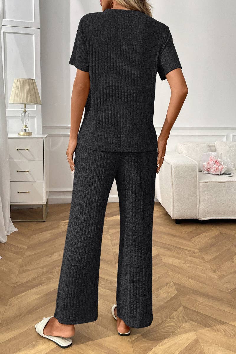 Ribbed Knit Lounge Set with Short Sleeve Top and Pants