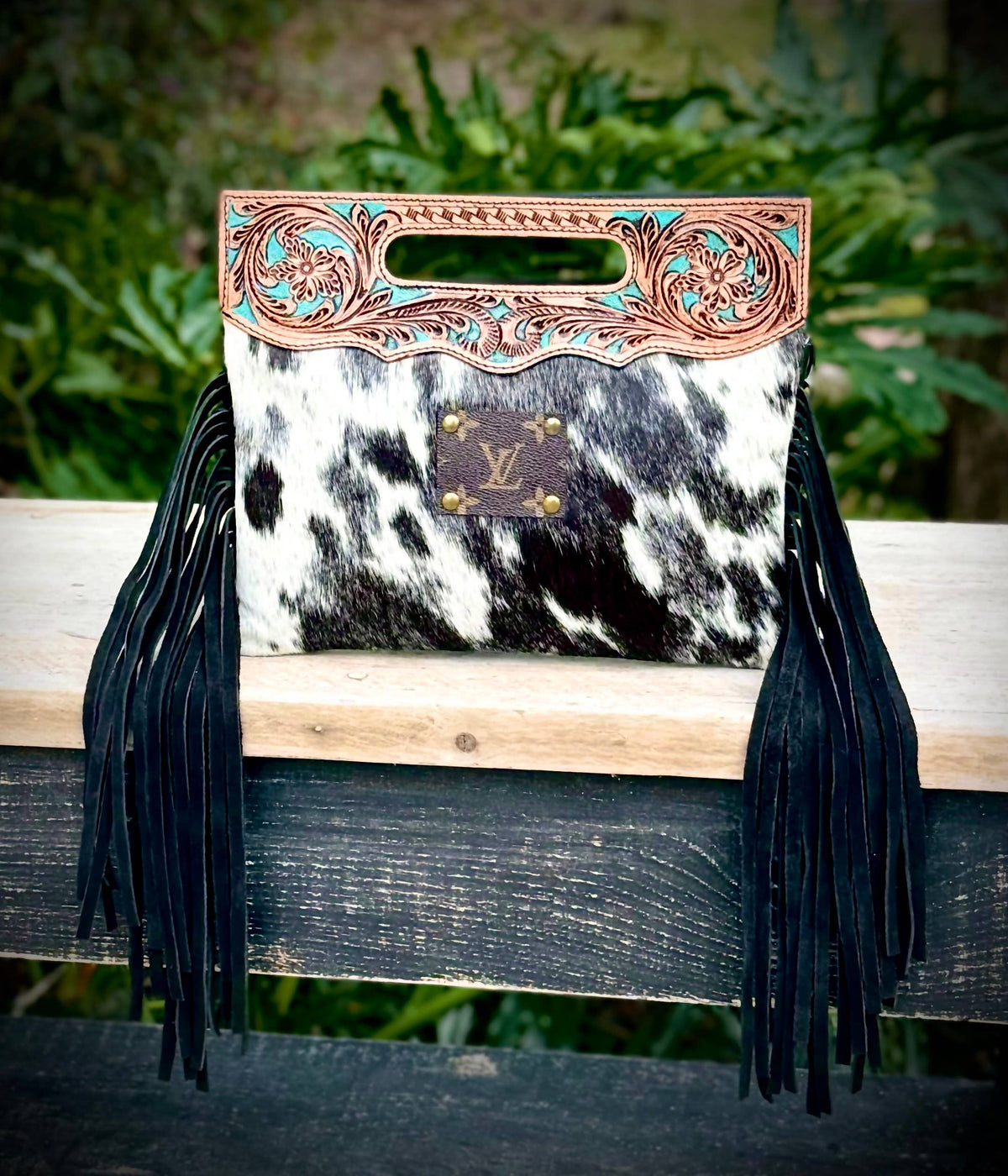 Upcycled LV Cowhide Leather Fringe Crossbody Clutch Bag Boho
