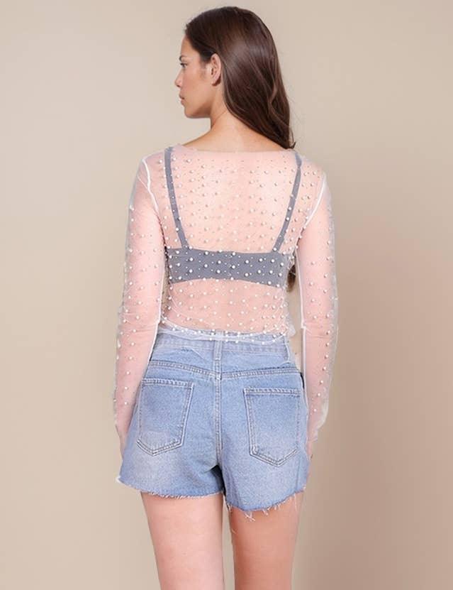 Pearl Rhinestone Studded See Through Mesh Crop Top