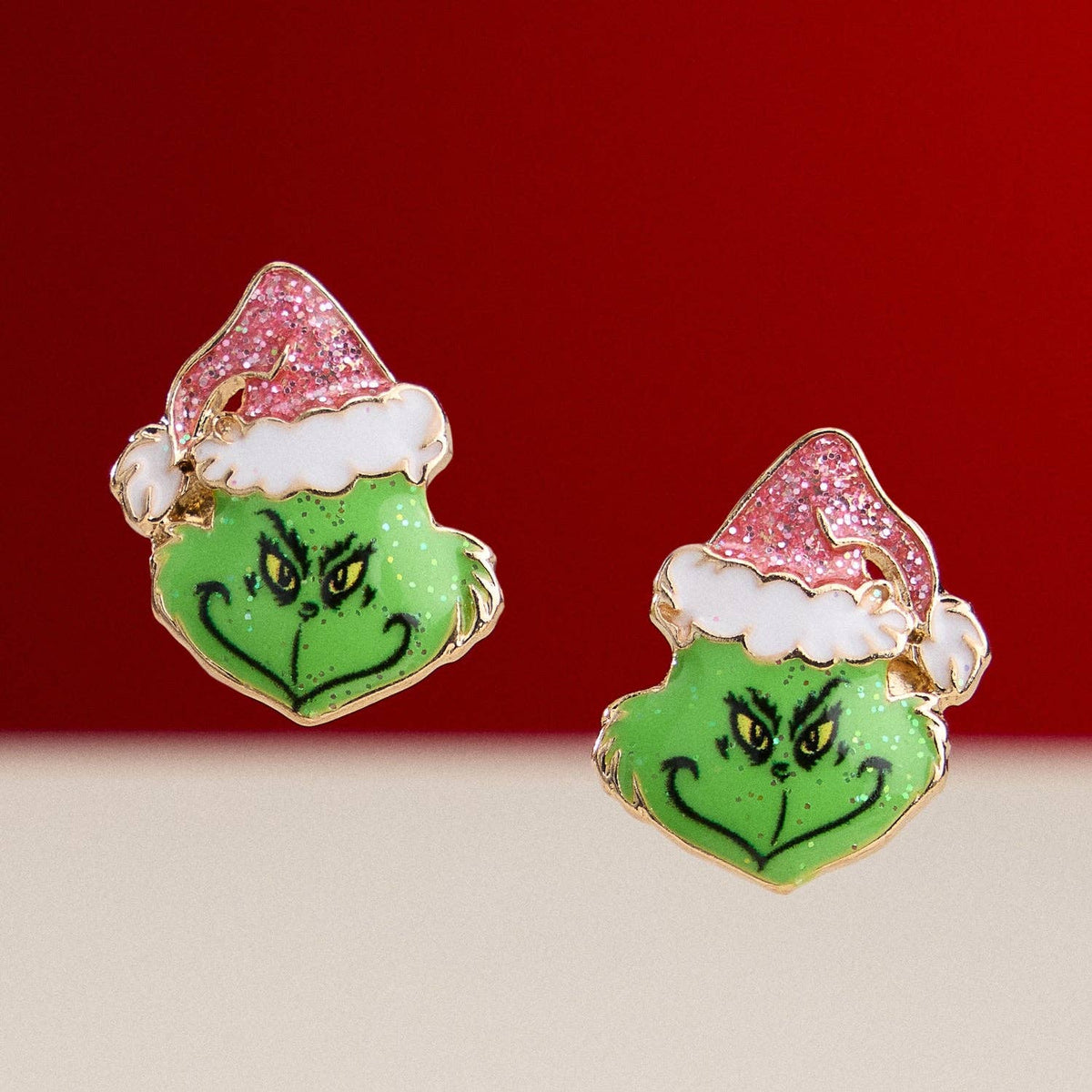 Enamel Green Monster Face Stud Earrings | Santa Hat Design