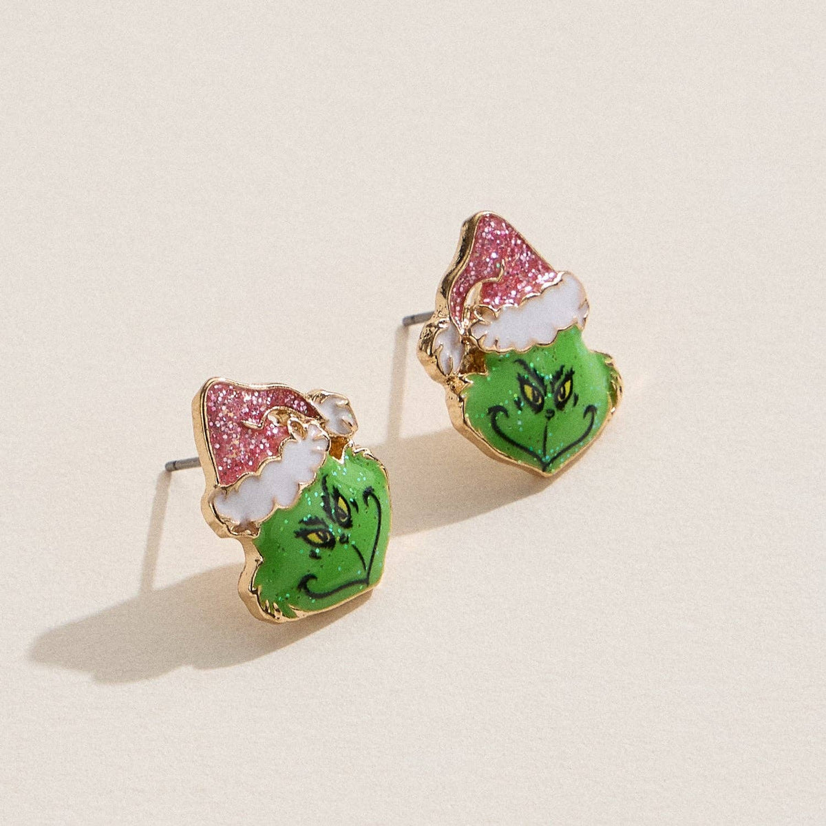 Enamel Green Monster Face Stud Earrings | Santa Hat Design