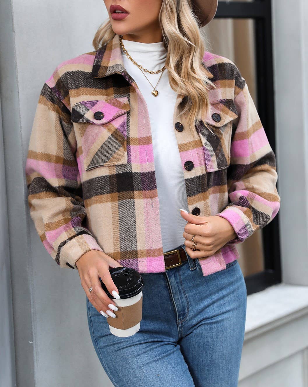 Lapel Check Pockets Tweed Cropped Jacket