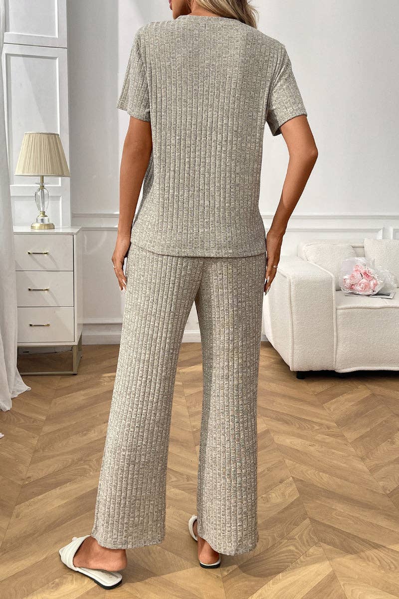 Ribbed Knit Lounge Set with Short Sleeve Top and Pants