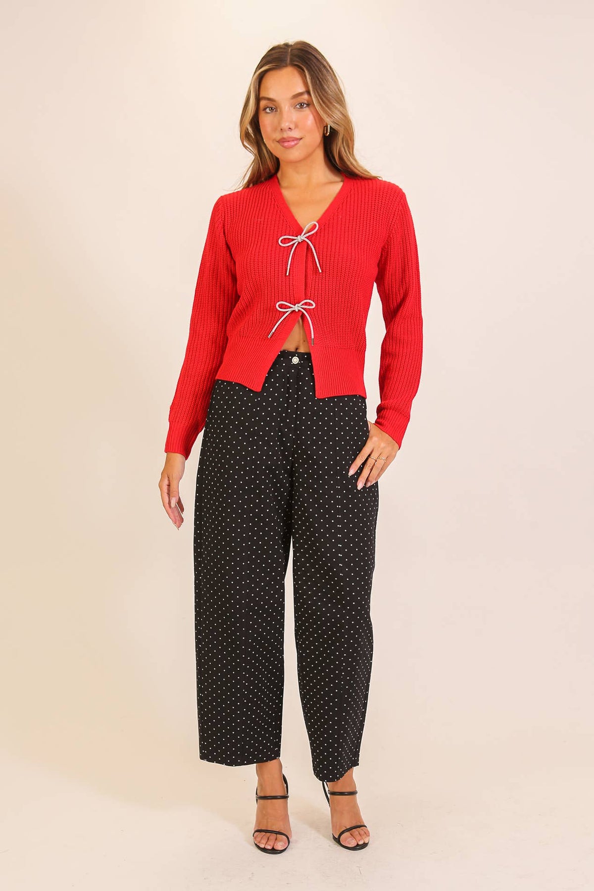 Contrast Bow Tie Cardigan Sweater
