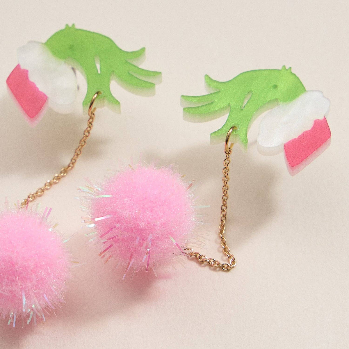 Green Monster Pom Pom Drop Earrings | Whimsical Acrylic Earrings