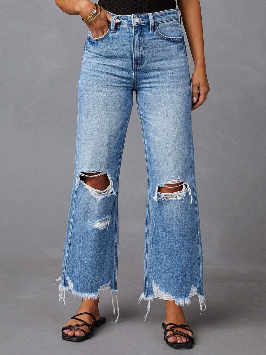 Distressed Raw Hem Jeans with Pockets - Trendy and Comfortable Jeans for a Casual Look