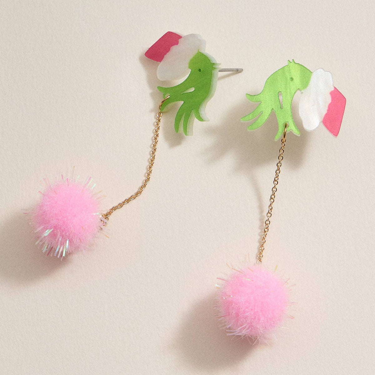 Green Monster Pom Pom Drop Earrings | Whimsical Acrylic Earrings
