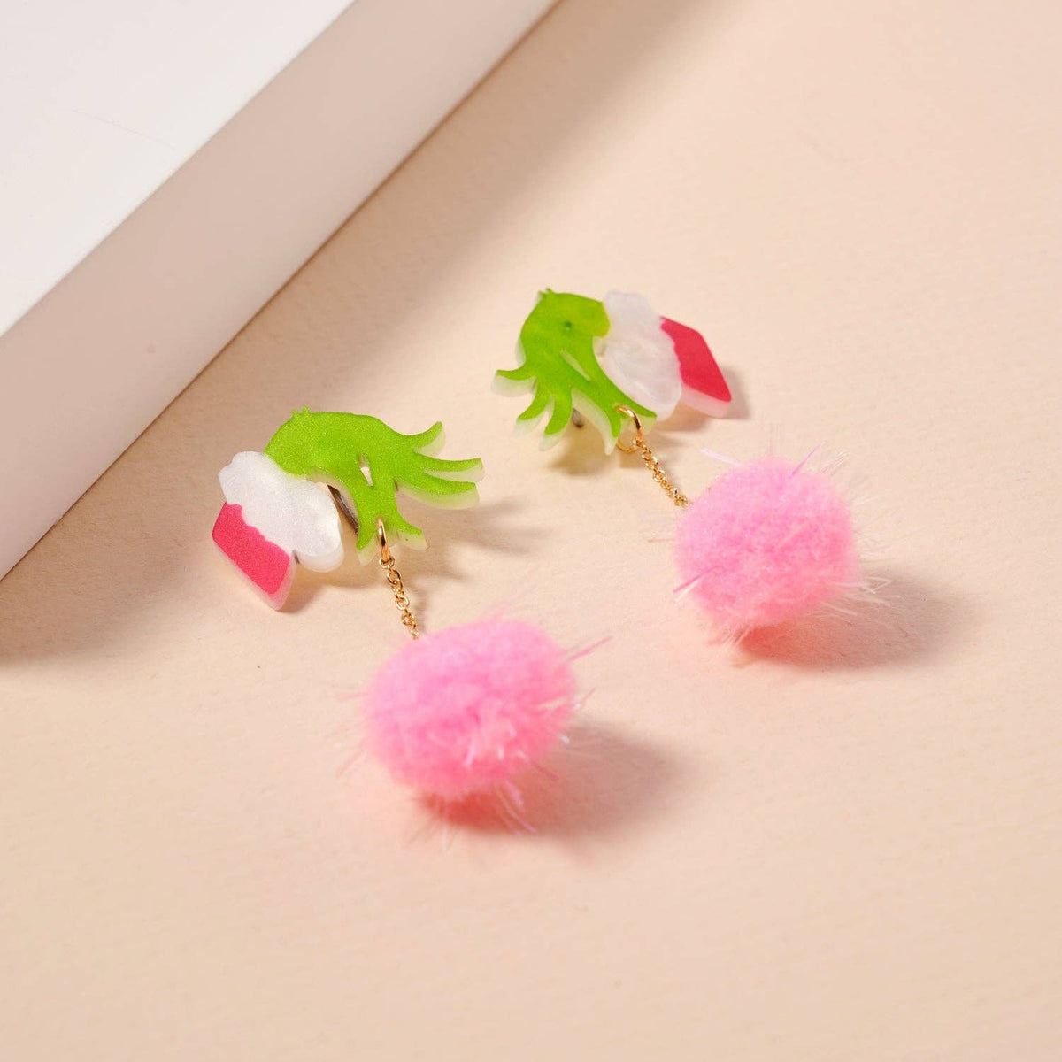 Green Monster Pom Pom Drop Earrings | Whimsical Acrylic Earrings