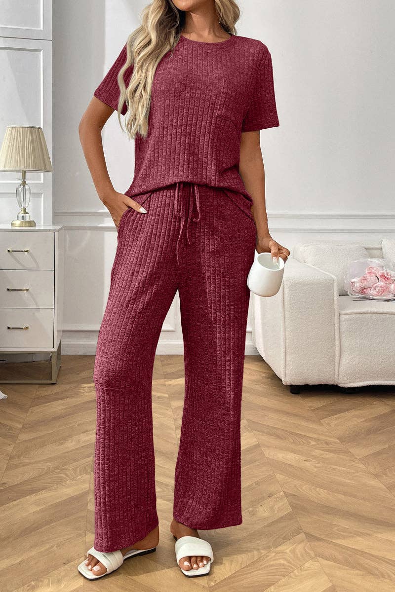 Ribbed Knit Lounge Set with Short Sleeve Top and Pants