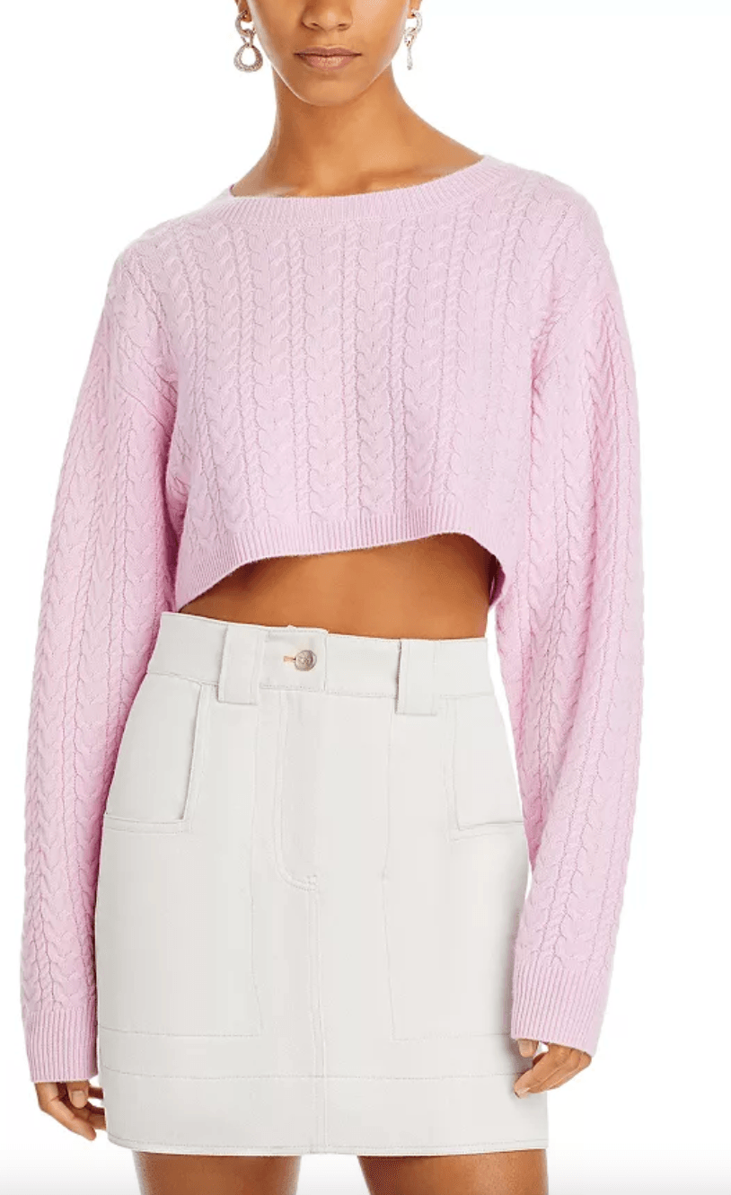 Chic Love Shack Fancy Calloway Cropped Sweater in Pale Rose featuring a stylish design and soft fabric, perfect for layering over dresses or pairing with high-waisted jeans