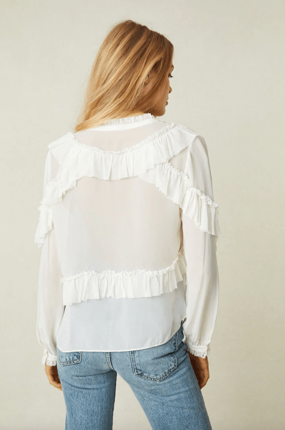 Elegant Love Shack Fancy Jelena Blouse in Antique White, featuring intricate embroidery and a flowing silhouette, perfect for adding a touch of sophistication