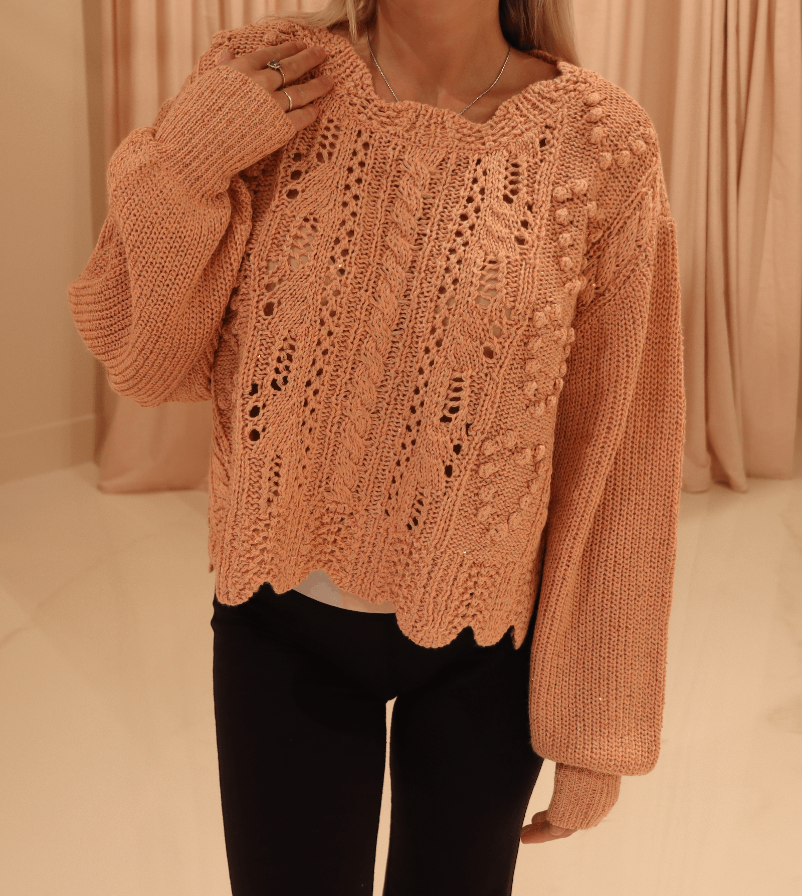 Love Shack Fancy Splendor Cropped Sweater in Golden Apricot - Cozy and Chic Cropped Sweater with Soft Knit Texture, Perfect for Layering