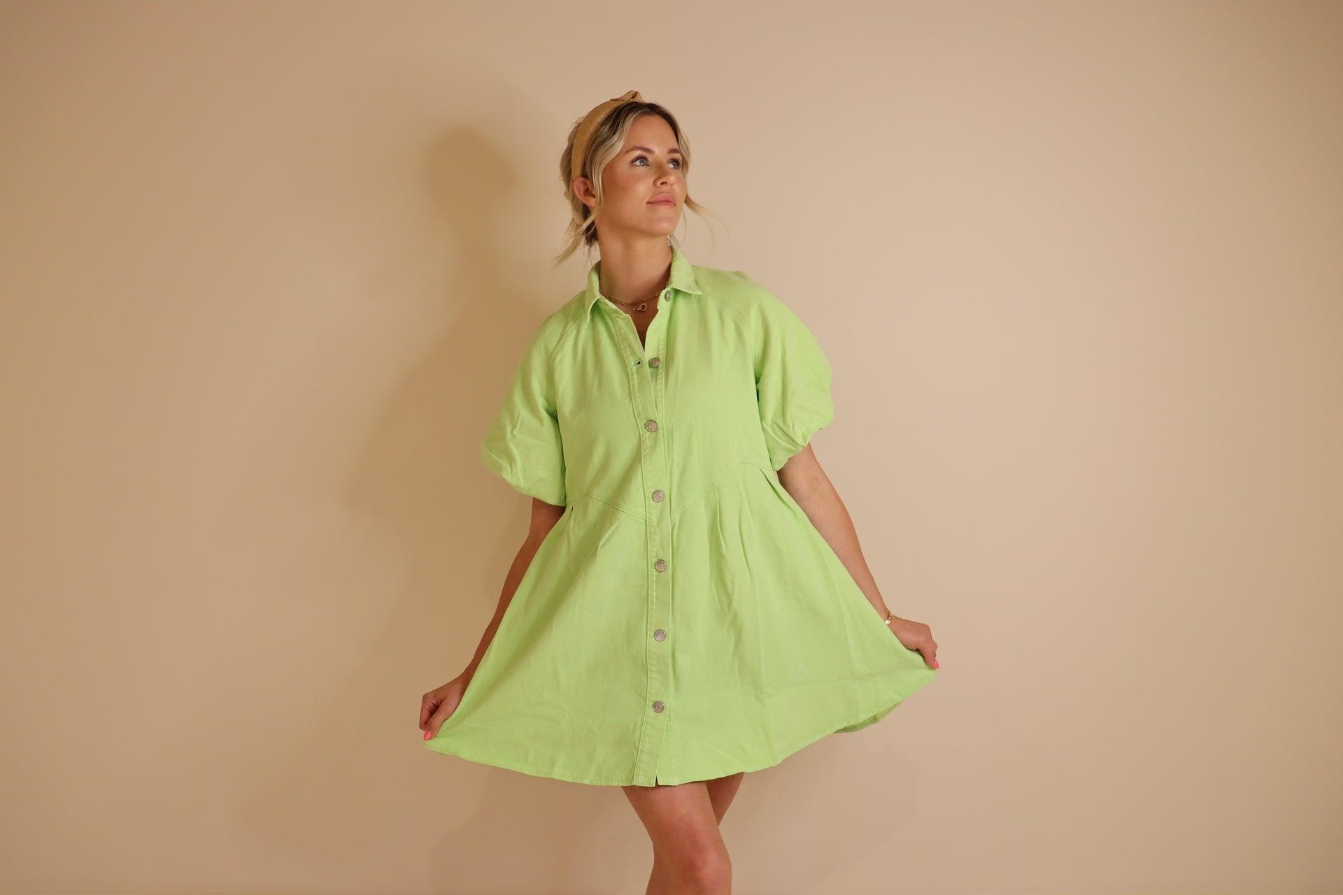 Peach Love Lime Green Denim Dress - Trendy and Fun Denim Dress in Vibrant Lime Green, Ideal for Casual Summer Outings