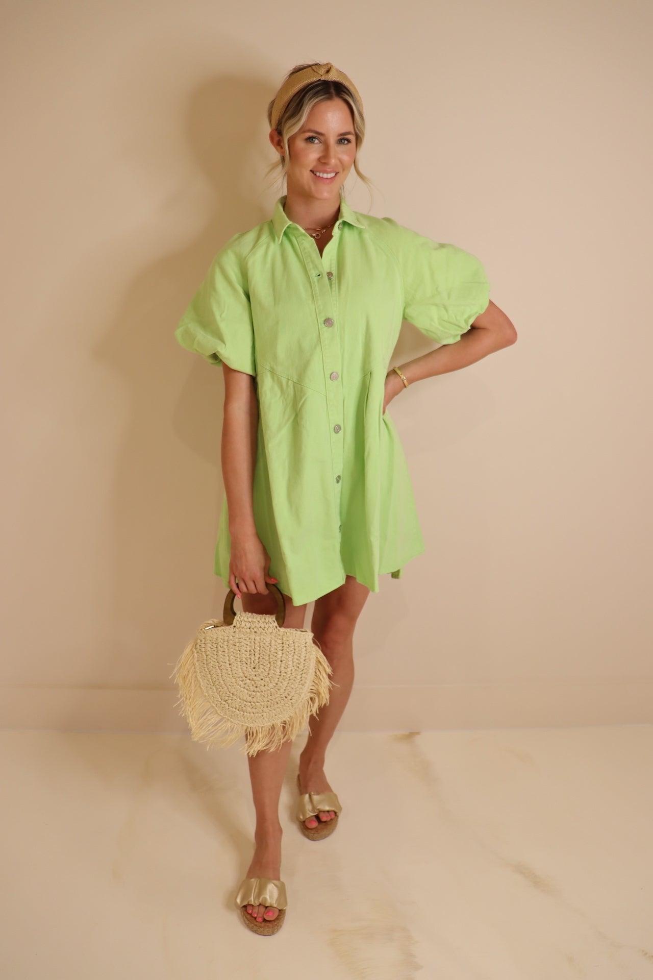 Peach Love Lime Green Denim Dress - Trendy and Fun Denim Dress in Vibrant Lime Green, Ideal for Casual Summer Outings