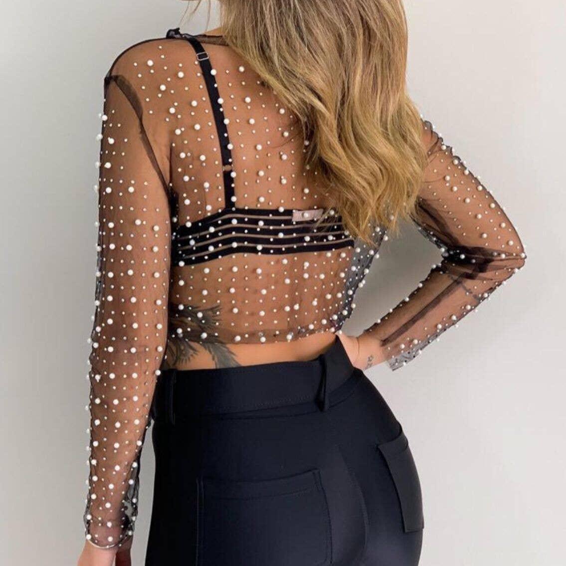 Pearl Rhinestone Studded See-Through Mesh Crop Top - Fashionable and Glamorous Crop Top with Stunning Pearl and Rhinestone Details, Perfect for a Night Out