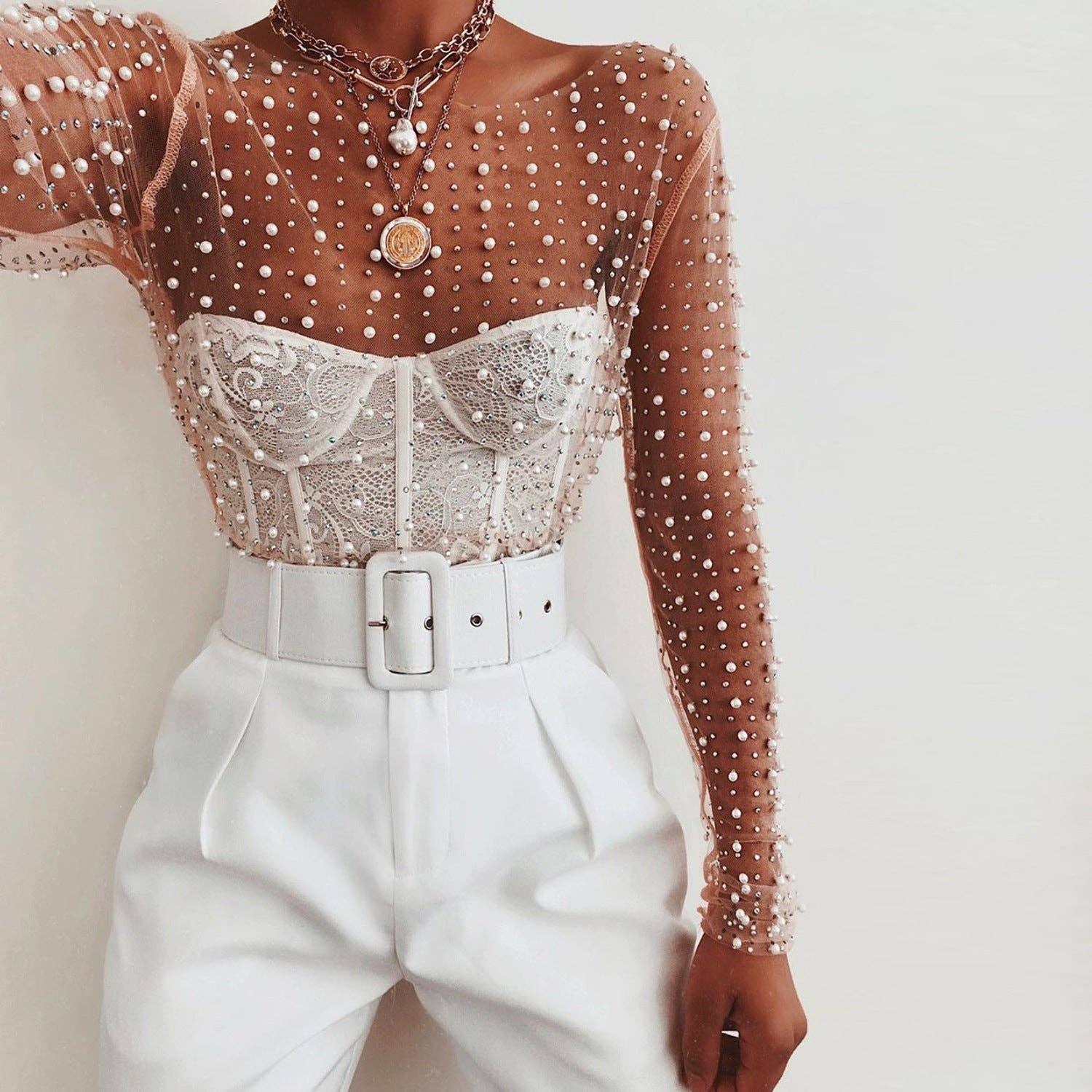 Pearl Rhinestone Studded See-Through Mesh Crop Top - Fashionable and Glamorous Crop Top with Stunning Pearl and Rhinestone Details, Perfect for a Night Out