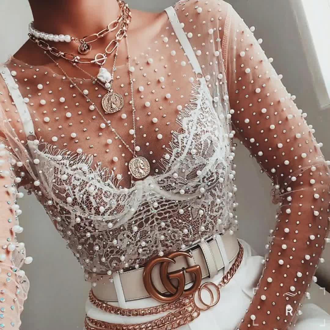 Pearl Rhinestone Studded See-Through Mesh Crop Top - Fashionable and Glamorous Crop Top with Stunning Pearl and Rhinestone Details, Perfect for a Night Out