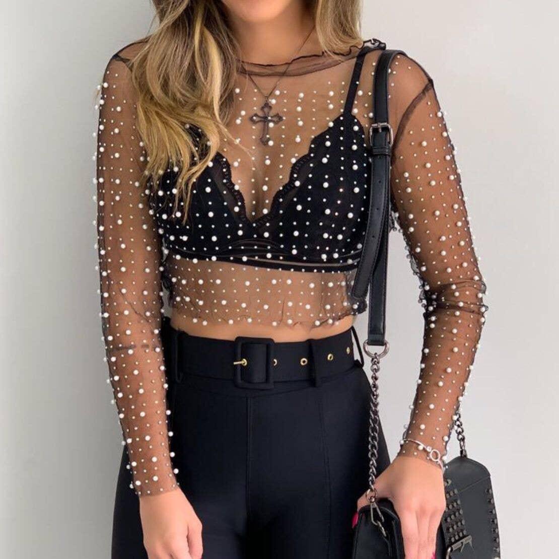 Pearl Rhinestone Studded See-Through Mesh Crop Top - Fashionable and Glamorous Crop Top with Stunning Pearl and Rhinestone Details, Perfect for a Night Out