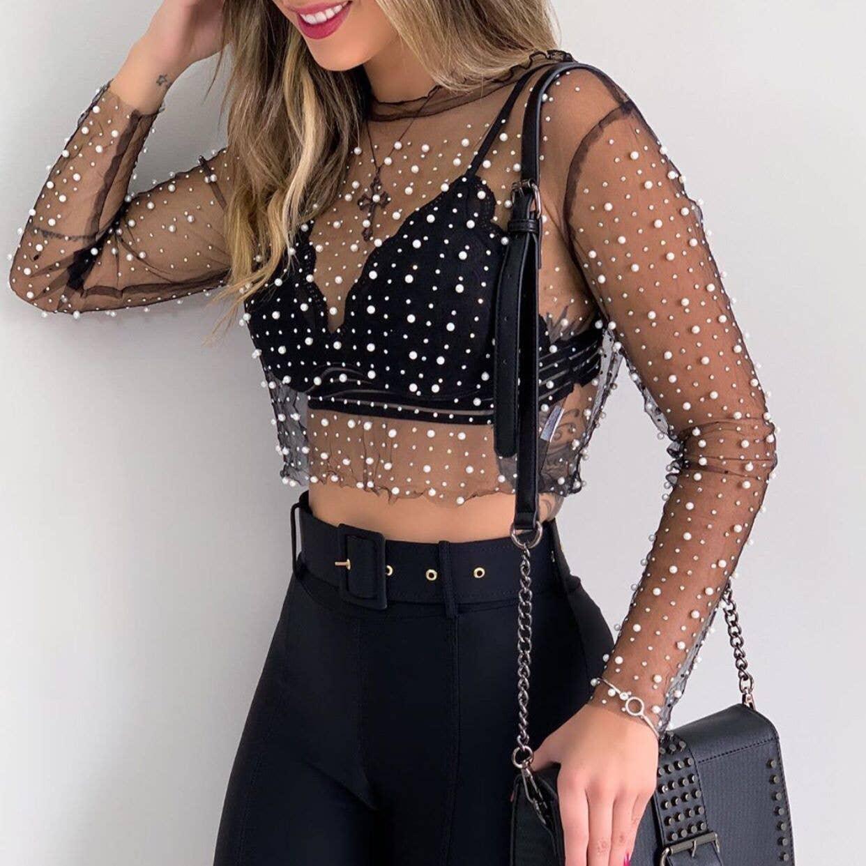 Pearl Rhinestone Studded See-Through Mesh Crop Top - Fashionable and Glamorous Crop Top with Stunning Pearl and Rhinestone Details, Perfect for a Night Out