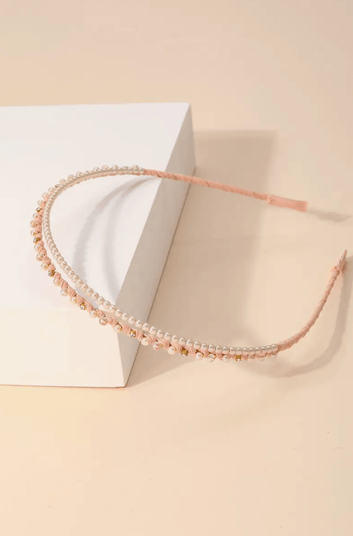 Skinny Pink Diamond and Pearls Headband - Elegant Headband Adorned with Pink Diamonds and Pearls, Perfect for Adding a Touch of Glamour to Your Look