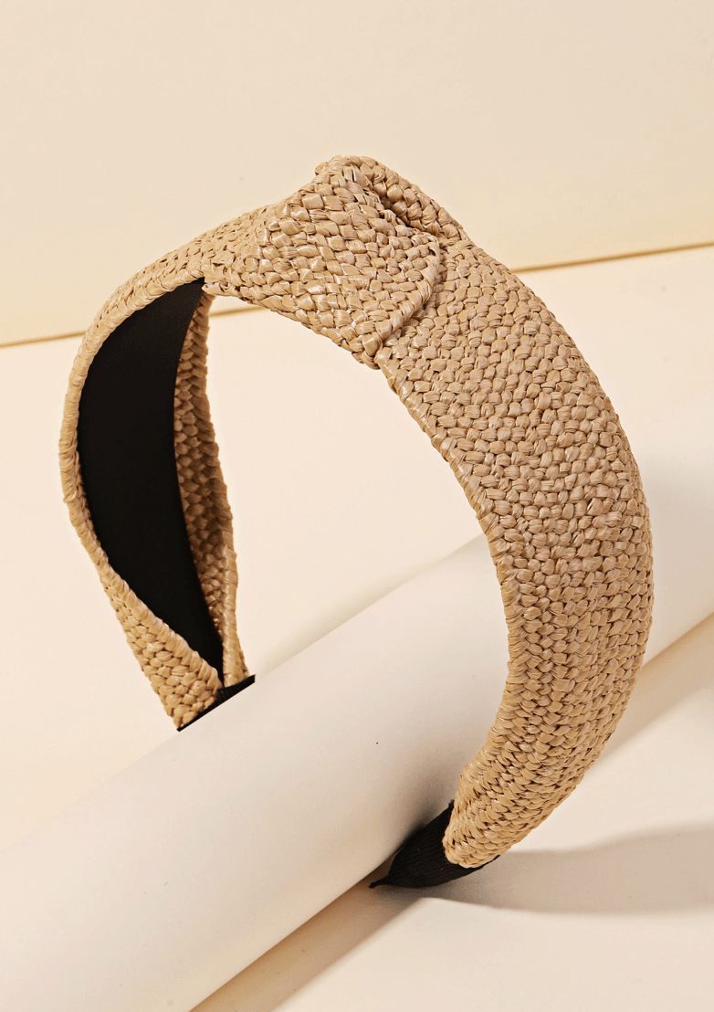 Stylish Tell Your Tale Tan Straw Headband, designed with woven straw for a chic look, perfect for enhancing any summer outfit