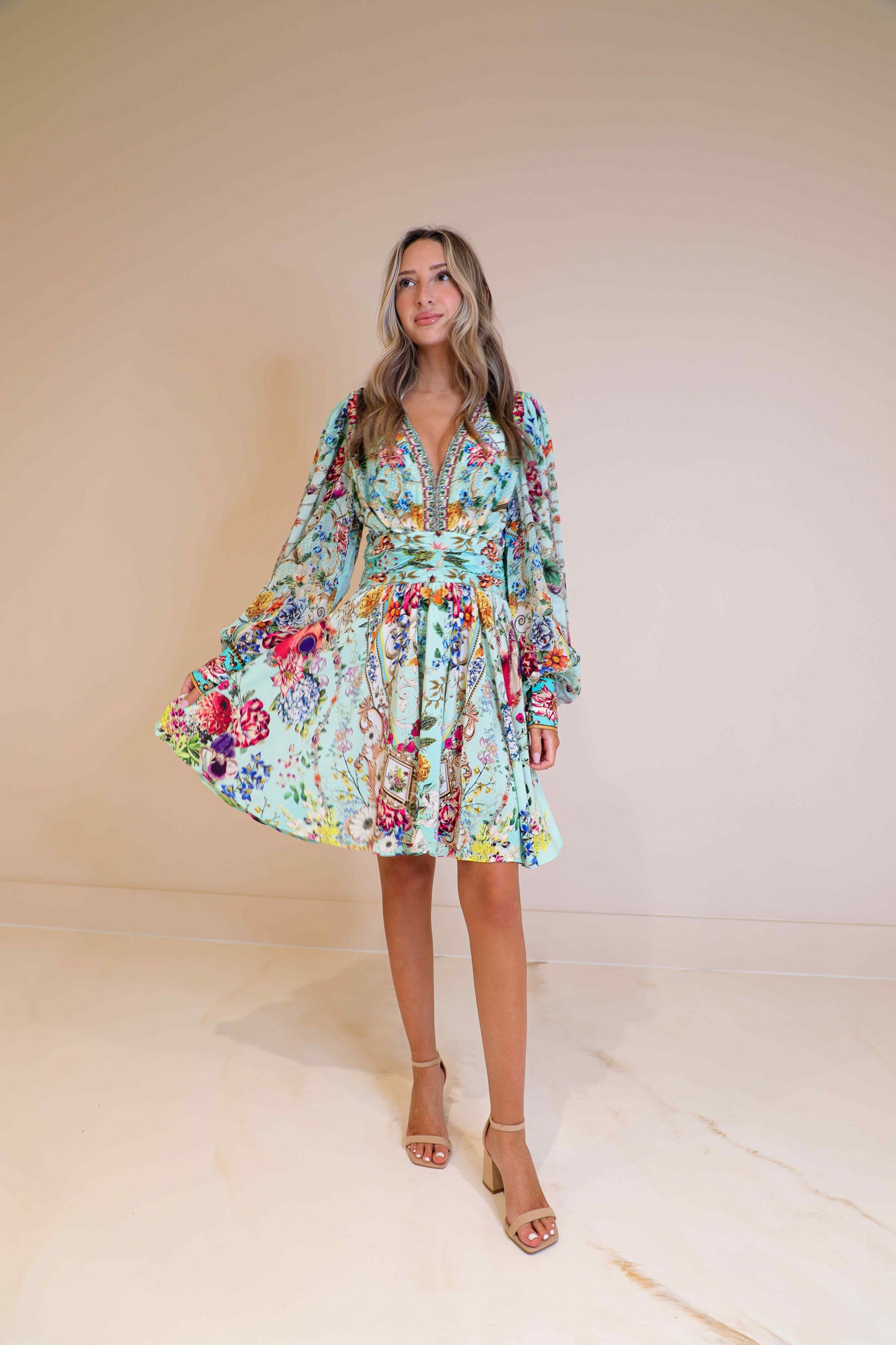 Camilla Honey Short Dress with Blouson Sleeve