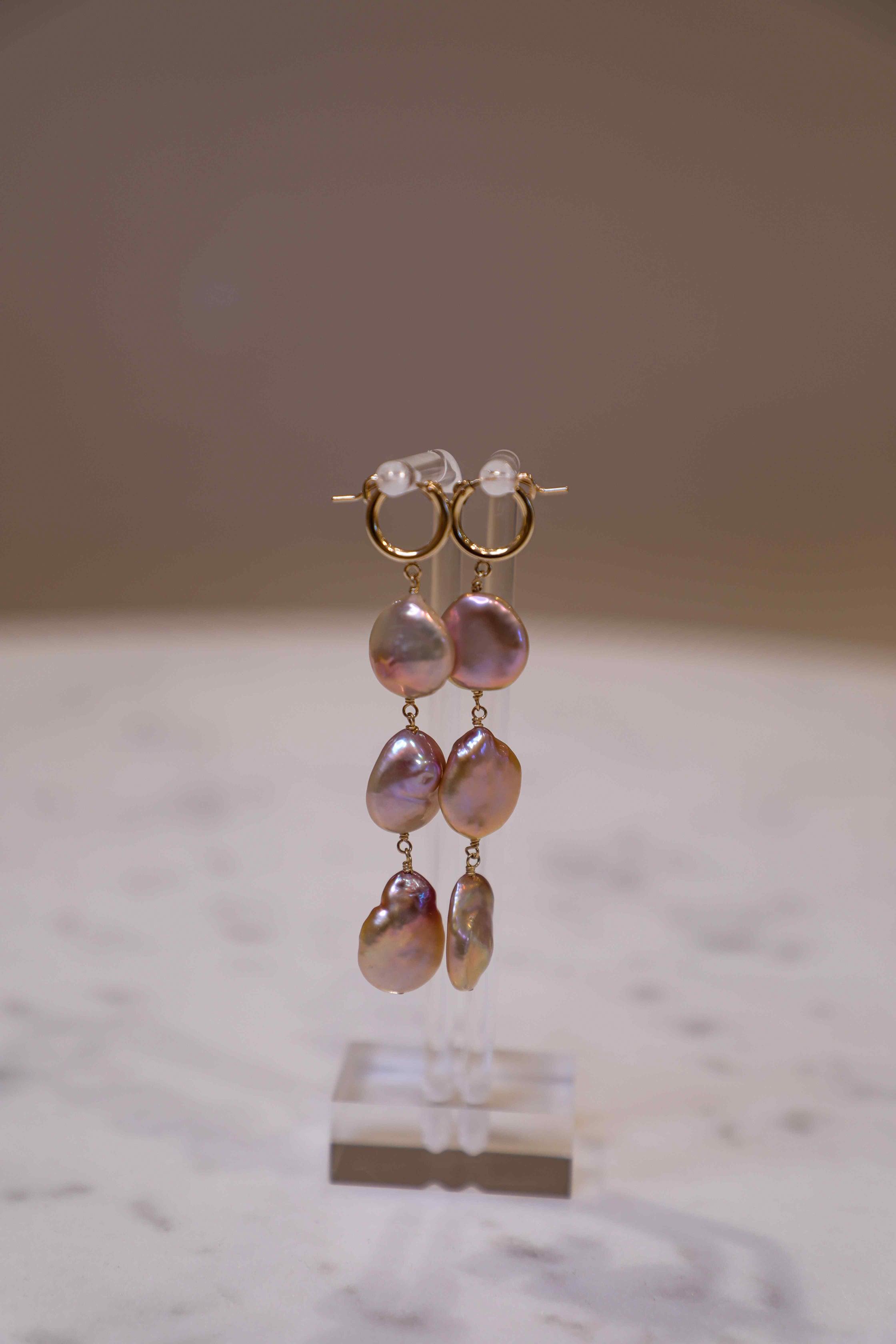 Sea Lustre Classic Pink Pearl Trio Earrings - Beautiful Earrings Featuring Three Classic Pink Pearls, Perfect for Adding a Touch of Elegance to Any Outfit